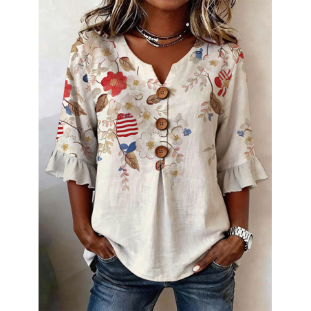Women Floral V Neck Half Sleeve Blouse Printing Vintage Daily Summer Top