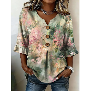 Women Floral V Neck Half Sleeve Blouse Printing Vintage Daily Summer Top