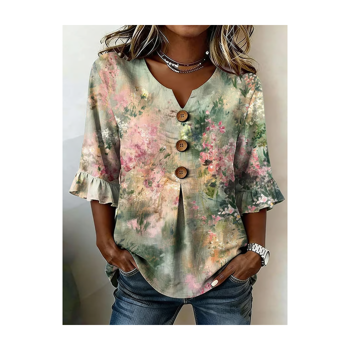Women Floral V Neck Half Sleeve Blouse Printing Vintage Daily Summer Top