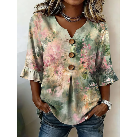 Women Floral V Neck Half Sleeve Blouse Printing Vintage Daily Summer Top
