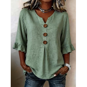 Women Plain V Neck Half Sleeve Blouse Peplum Vintage Daily Summer Top