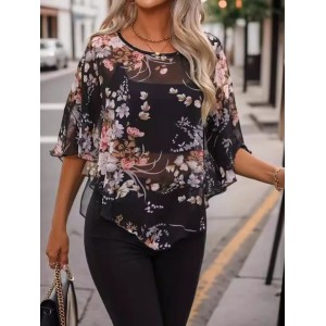 Women Floral Crew Neck Half Sleeve Blouse Dolman Sleeve Casual Daily Summer Top