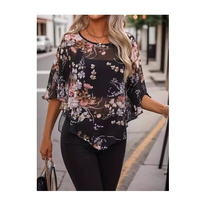 Women Floral Crew Neck Half Sleeve Blouse Dolman Sleeve Casual Daily Summer Top