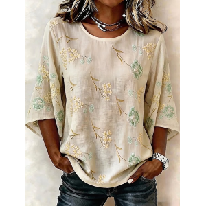 Women Floral Crew Neck Half Sleeve Blouse Printing Vintage Daily Summer Top