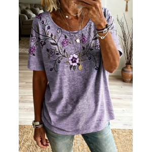 Women Floral Short Sleeve Tee T-shirt Crew Neck Printing Casual Graphic Tee Summer Top