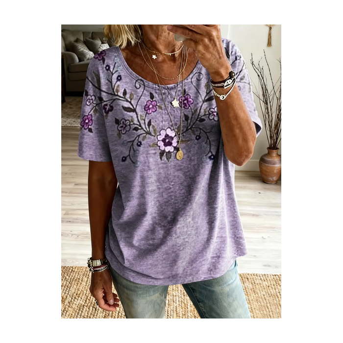 Women Floral Short Sleeve Tee T-shirt Crew Neck Printing Casual Graphic Tee Summer Top