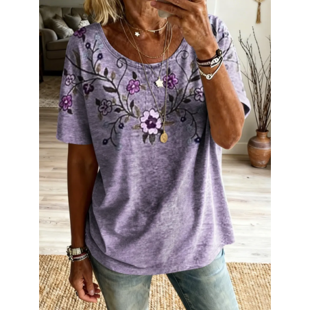 Women Floral Short Sleeve Tee T-shirt Crew Neck Printing Casual Graphic Tee Summer Top