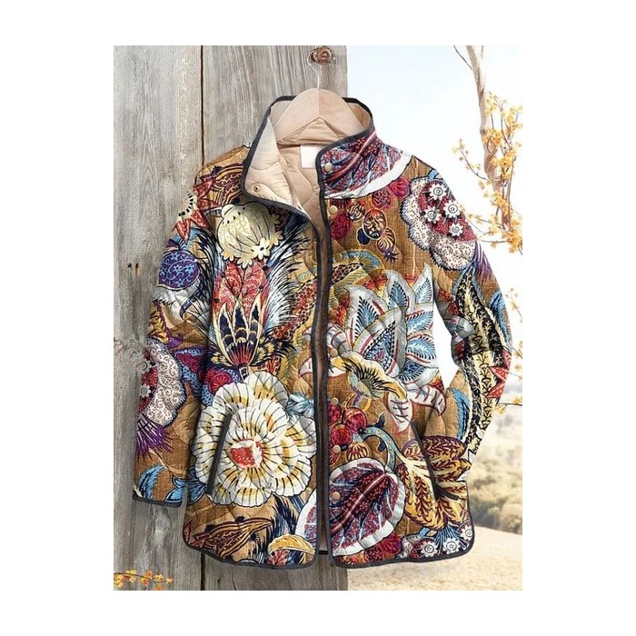 Women's Vintage Printing Winter Floral Stand Collar Padded Parka