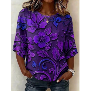 Women Floral Crew Neck Half Sleeve Blouse Printing Vintage Daily Summer Top