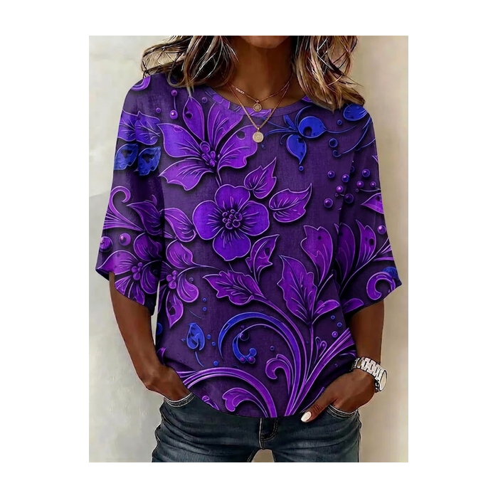 Women Floral Crew Neck Half Sleeve Blouse Printing Vintage Daily Summer Top