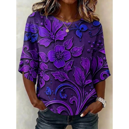 Women Floral Crew Neck Half Sleeve Blouse Printing Vintage Daily Summer Top