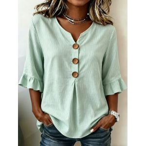 Women Striped V Neck Half Sleeve Blouse Printing Vintage Daily Summer Top