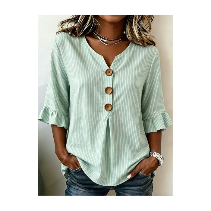 Women Striped V Neck Half Sleeve Blouse Printing Vintage Daily Summer Top