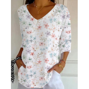 Women Floral Three Quarter Sleeve Tee T-shirt V Neck Printing Casual Graphic Tee Spring/Fall Top