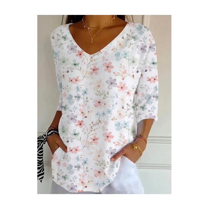 Women Floral Three Quarter Sleeve Tee T-shirt V Neck Printing Casual Graphic Tee Spring/Fall Top