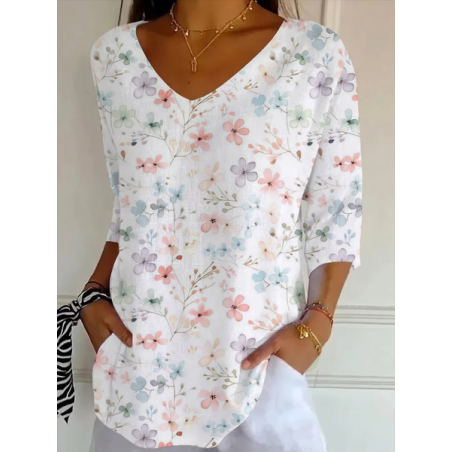 Women Floral Three Quarter Sleeve Tee T-shirt V Neck Printing Casual Graphic Tee Spring/Fall Top
