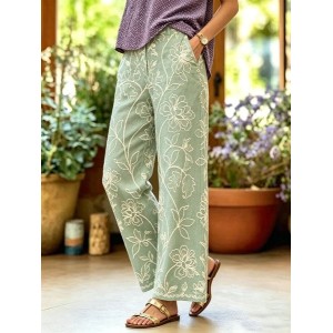 Women Floral Long Pants Vintage Spring/Fall Trousers