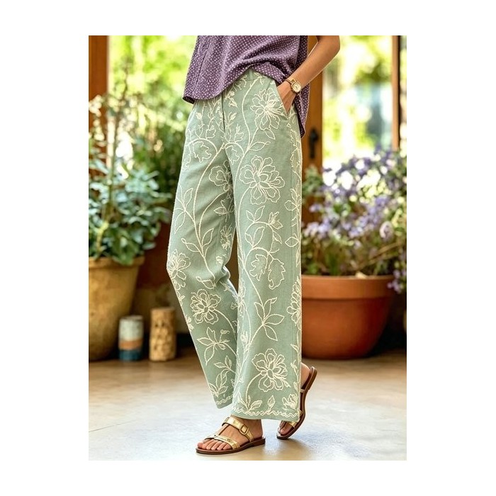 Women Floral Long Pants Vintage Spring/Fall Trousers