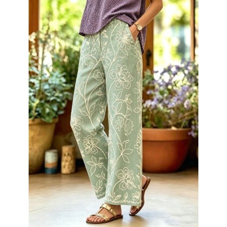 Women Floral Long Pants Vintage Spring/Fall Trousers
