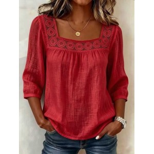 Women Plain Square Neck Half Sleeve Blouse Vintage Daily Summer Top
