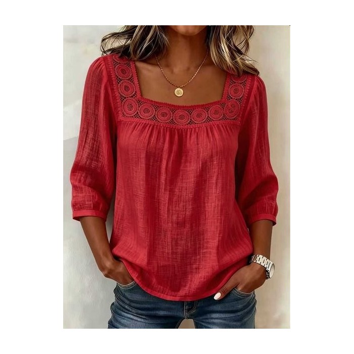 Women Plain Square Neck Half Sleeve Blouse Vintage Daily Summer Top