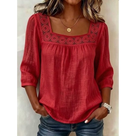Women Plain Square Neck Half Sleeve Blouse Vintage Daily Summer Top