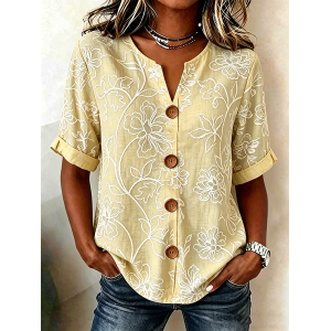 Women Floral Stand Collar Long Sleeve Shirt Vintage Daily Spring/Fall Top