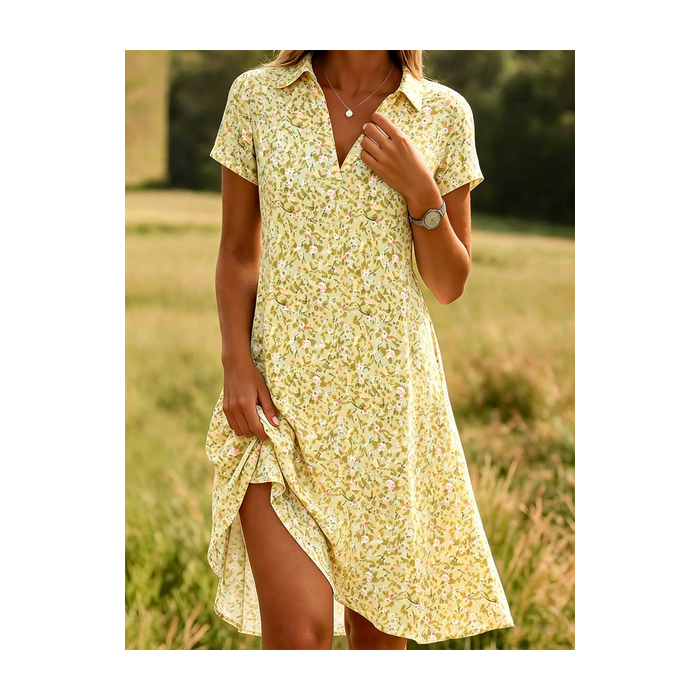 Women Floral Short Sleeve Shawl Collar Dress Daily Casual Midi Shirt Dress A-Line All Season Dress