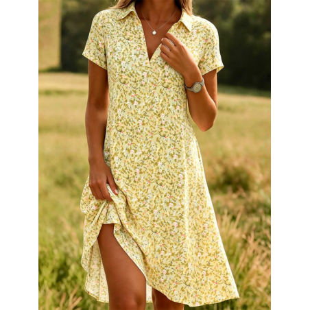 Women Floral Short Sleeve Shawl Collar Dress Daily Casual Midi Shirt Dress A-Line All Season Dress