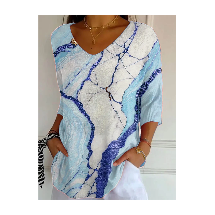 Women Abstract Three Quarter Sleeve Tee T-shirt V Neck Printing Casual Graphic Tee Spring/Fall Top