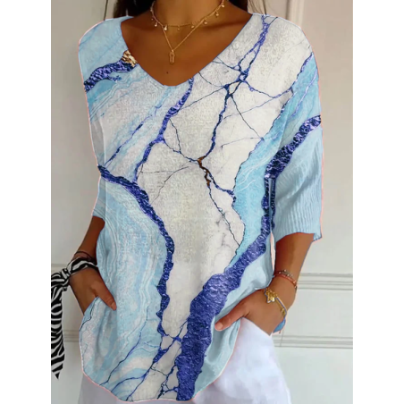 Women Abstract Three Quarter Sleeve Tee T-shirt V Neck Printing Casual Graphic Tee Spring/Fall Top