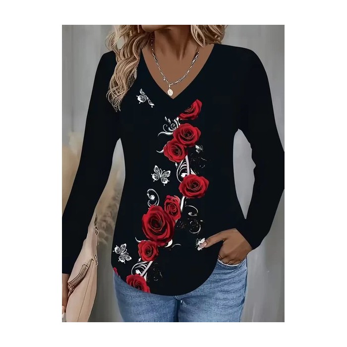 Women Floral Long Sleeve Tee T-shirt V Neck Printing Casual Spring/Fall Graphic Tee Top