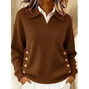 Women Plain Split Joint Winter Street Long Sleeve Shawl Collar Cotton Sweater