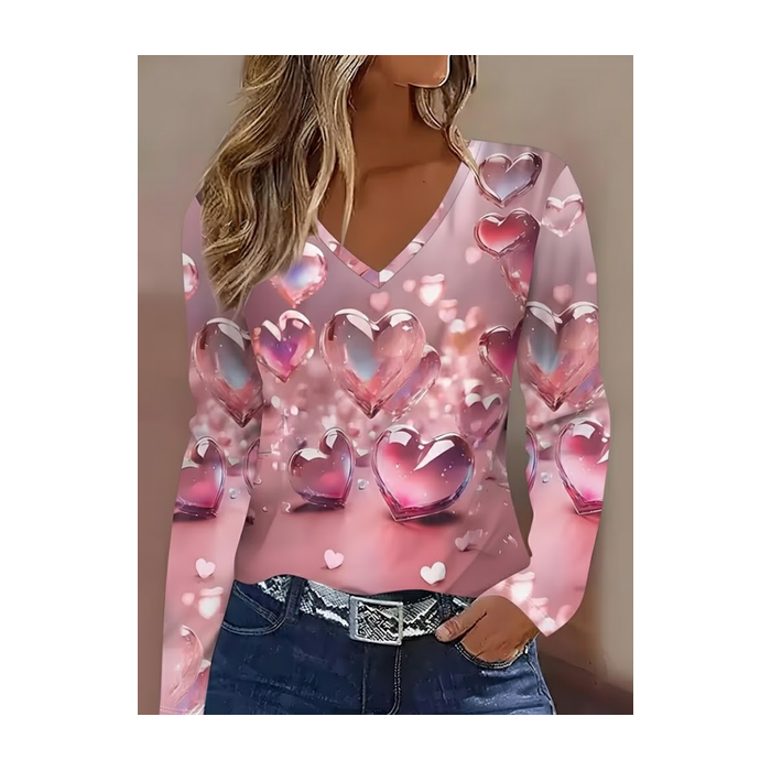 Women Heart/Cordate Long Sleeve Tee T-shirt V Neck Printing Casual Spring/Fall Graphic Tee Top