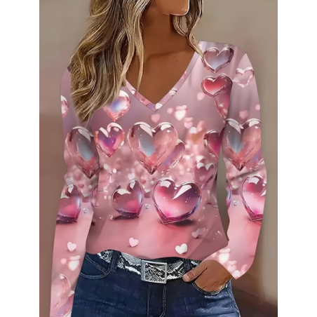 Women Heart/Cordate Long Sleeve Tee T-shirt V Neck Printing Casual Spring/Fall Graphic Tee Top