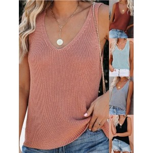 Women Sleeveless Tank Top Camisole Summer Plain Split Joint V Neck Daily Simple Top