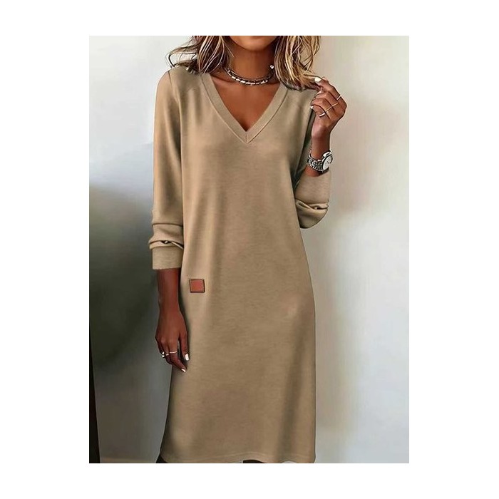 Women Plain Long Sleeve Spring/Fall Split Joint Dress V Neck Daily Casual Maxi T-Shirt Dress A-Line Dress
