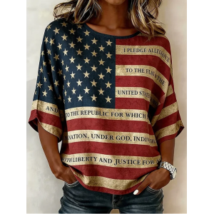 Women Independence Day (Flag) Crew Neck Half Sleeve Blouse Printing Vintage Daily Summer Top