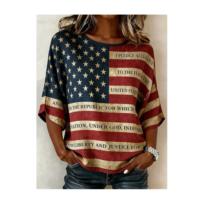 Women Independence Day (Flag) Crew Neck Half Sleeve Blouse Printing Vintage Daily Summer Top