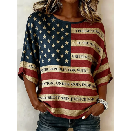 Women Independence Day (Flag) Crew Neck Half Sleeve Blouse Printing Vintage Daily Summer Top