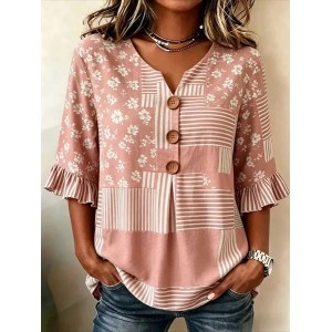 Women Striped V Neck Half Sleeve Blouse Printing Vintage Daily Summer Top