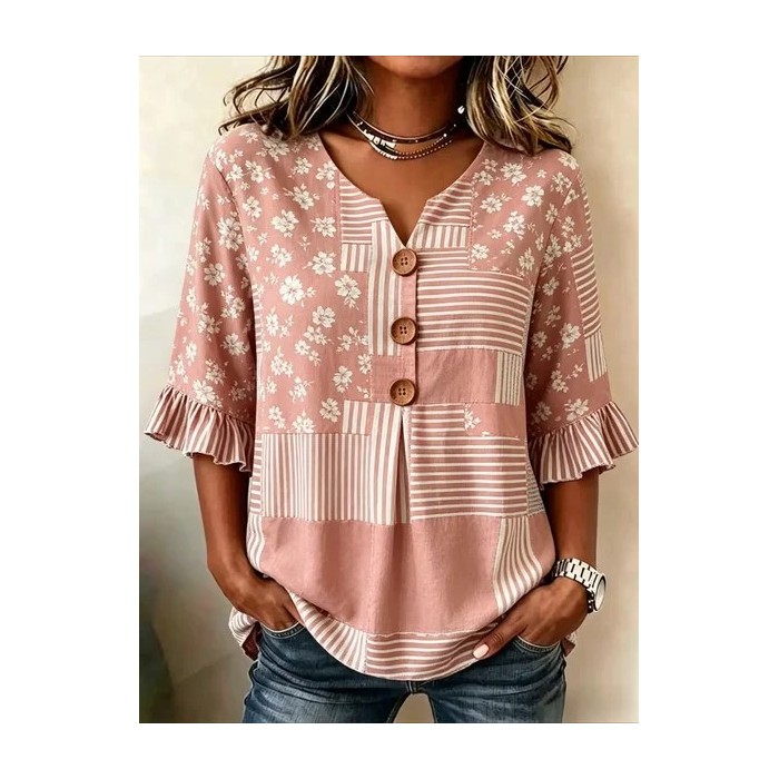 Women Striped V Neck Half Sleeve Blouse Printing Vintage Daily Summer Top