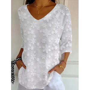 Women Floral Three Quarter Sleeve Tee T-shirt V Neck Printing Casual Graphic Tee Spring/Fall Top