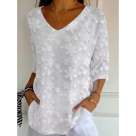 Women Floral Three Quarter Sleeve Tee T-shirt V Neck Printing Casual Graphic Tee Spring/Fall Top