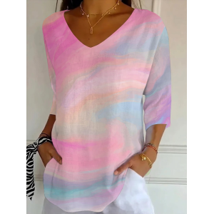 Women Abstract Three Quarter Sleeve Tee T-shirt V Neck Printing Casual Graphic Tee Spring/Fall Top