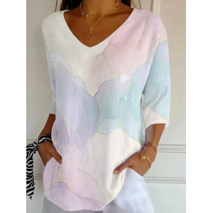 Women Abstract Three Quarter Sleeve Tee T-shirt V Neck Printing Casual Graphic Tee Spring/Fall Top
