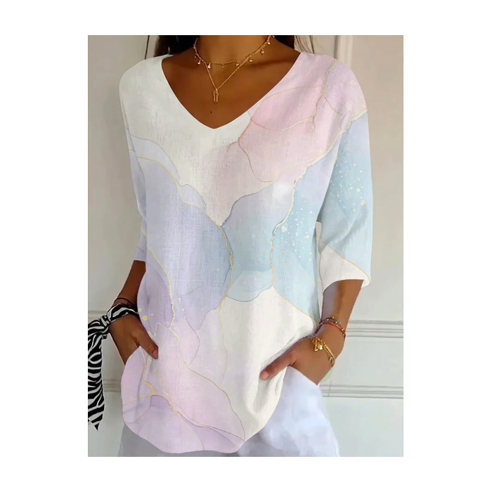 Women Abstract Three Quarter Sleeve Tee T-shirt V Neck Printing Casual Graphic Tee Spring/Fall Top