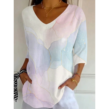 Women Abstract Three Quarter Sleeve Tee T-shirt V Neck Printing Casual Graphic Tee Spring/Fall Top