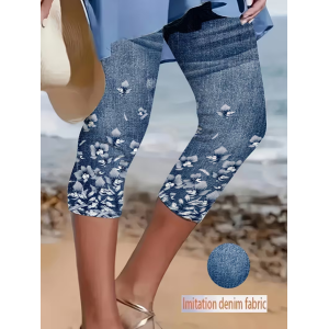 Women Floral Capris Elastic Waist Pants Casual Summer Trousers