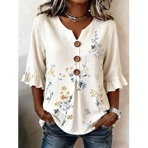 Women Floral V Neck Half Sleeve Blouse Printing Vintage Daily Summer Top
